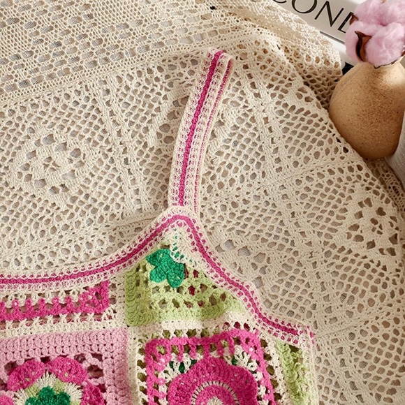 Crochet Knit Cut Out Sleeveless Spaghetti Strap Summer Patchwork Mini Dress - Picture 7 of 12